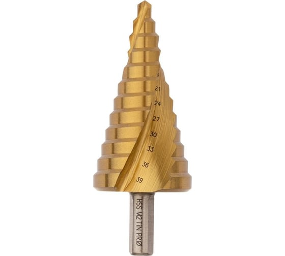 Изображение товара Сверло ступенчатое по стали (6-39 мм, 12 ступеней, HSS-G M2 TIN, хвостовик 10 мм) Профоснастка № 3321 30106021
