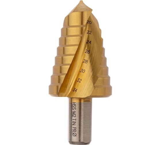 Изображение товара Сверло ступенчатое по стали (20-34 мм, 8 ступеней, HSS-G M2 TIN, хвостовик 13 мм) Профоснастка № 3309 30106009