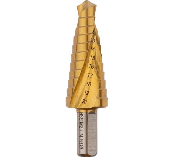 Изображение товара Сверло ступенчатое по стали (10-20 мм, 11 ступеней, HSS-G M2 TIN, хвостовик 10 мм) Профоснастка № 3317 30106017