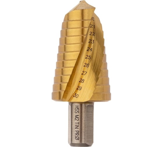 Изображение товара Сверло ступенчатое по стали (20-30 мм, 11 ступеней, HSS-G M2 TIN, хвостовик 13 мм) Профоснастка № 3319 30106019
