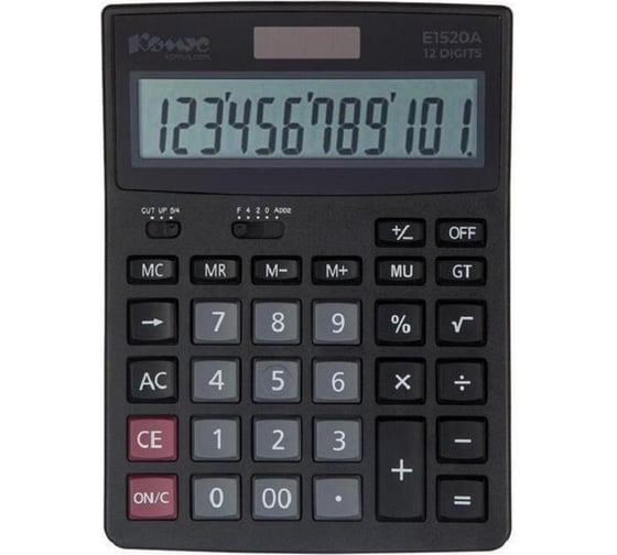 Изображение товара Настольный калькулятор Комус kf-444 расчет процентов, 12-разрядов, два типа питания, 183x135 мм, черный 1550710