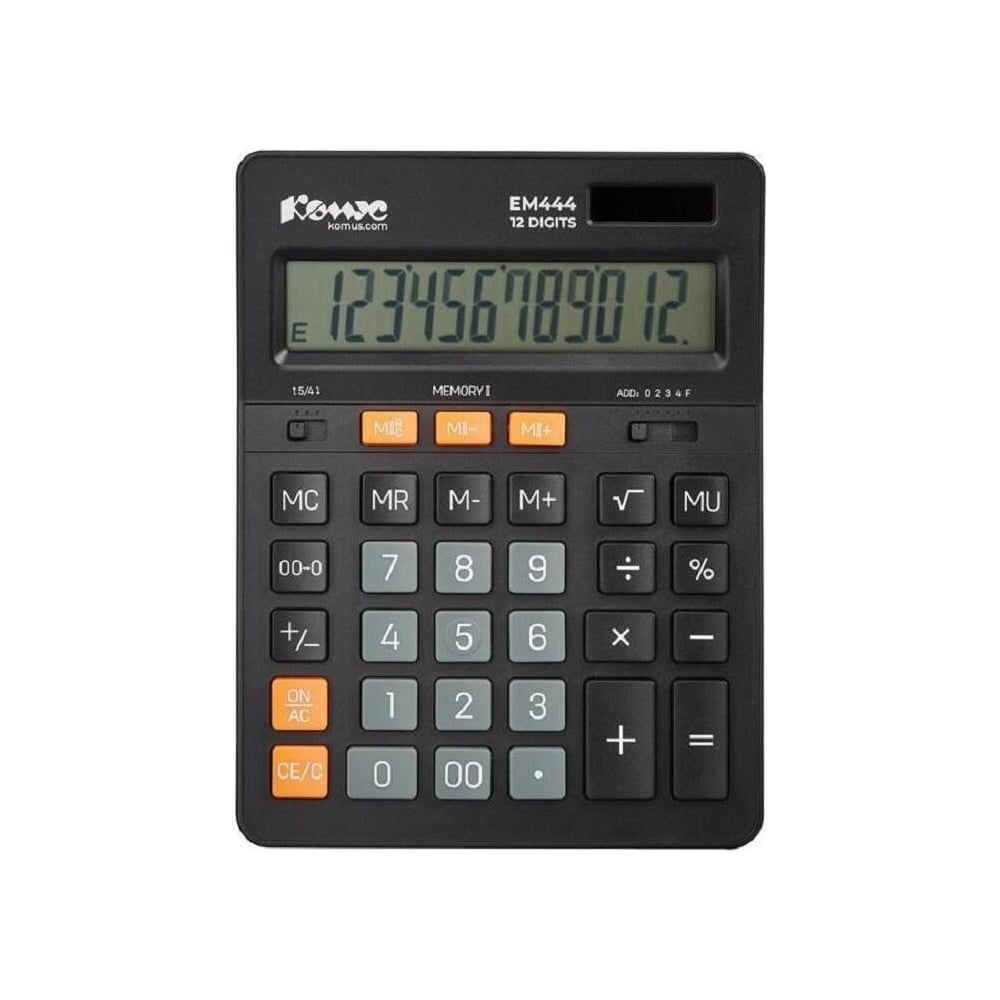 Изображение товара Настольный калькулятор Комус em444 расчет процентов ,12-разрядов, два типа питания, 205x155 мм, черный 1550709