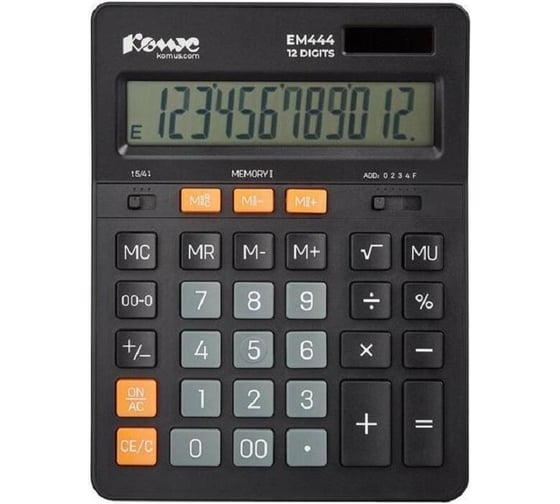 Изображение товара Настольный калькулятор Комус em444 расчет процентов ,12-разрядов, два типа питания, 205x155 мм, черный 1550709