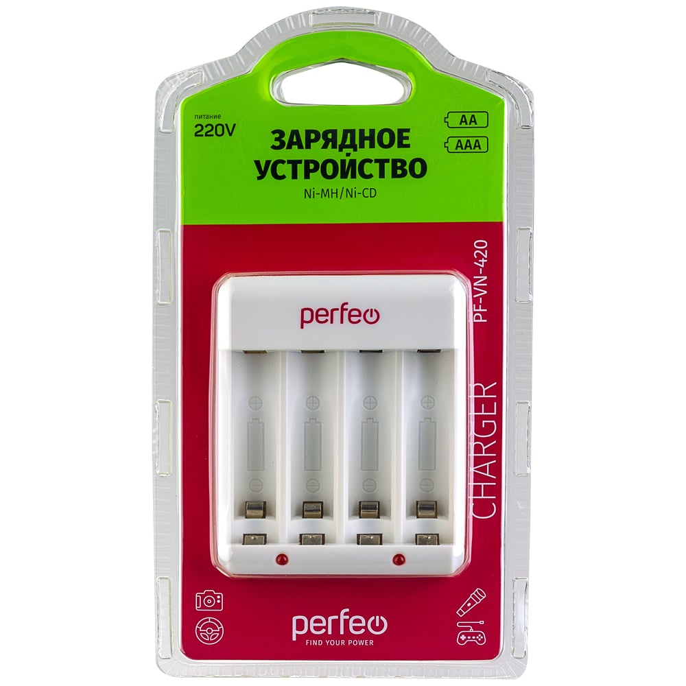 Зарядное устройство Perfeo PF-VN-420 Ni-MH/CD, 220V, 4 слота, AA/AAA 30015284