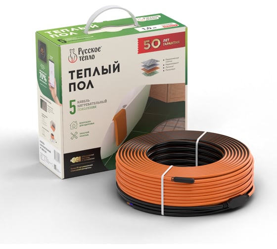 Изображение товара Нагревательный электрический кабель под ламинат/плитку/линолеум Русское тепло Теплый пол 135 м, 2660 Вт 2285253
