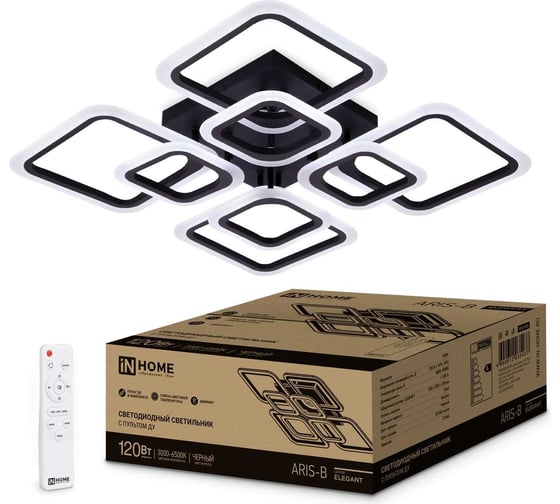 Изображение товара Светодиодный светильник IN HOME ELEGANT ARIS-B 120Вт 230В 3000-6500K 8400Лм 590x590x130мм c пультом ДУ черный 4690612035437