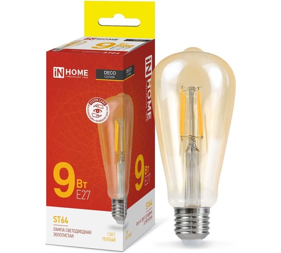 Изображение товара Светодиодная лампа IN HOME LED-ST64-deco gold 9Вт 230В Е27 3000К 1040Лм золотистая 4690612035659
