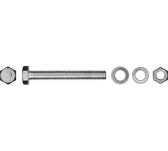 Изображение товара Болт с шестигранной головкой в комплекте с гайкой, шайбой, шайбой пружинной, ЗУБР, МАСТЕР, 303436-10-060