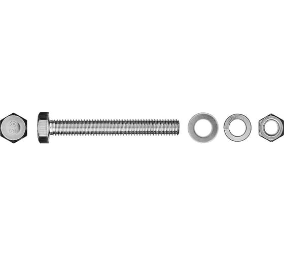 Изображение товара Болт с шестигранной головкой в комплекте с гайкой, шайбой, шайбой пружинной, ЗУБР, МАСТЕР, 303436-06-030