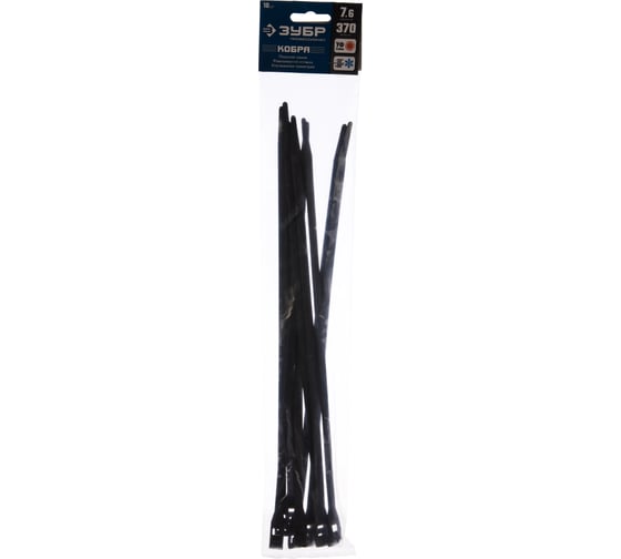 Изображение товара Кабельные стяжки ЗУБР КОБРА черные, с плоским замком, 7.6 х 370 мм, 10 штук, нейлоновые 30935-76-370