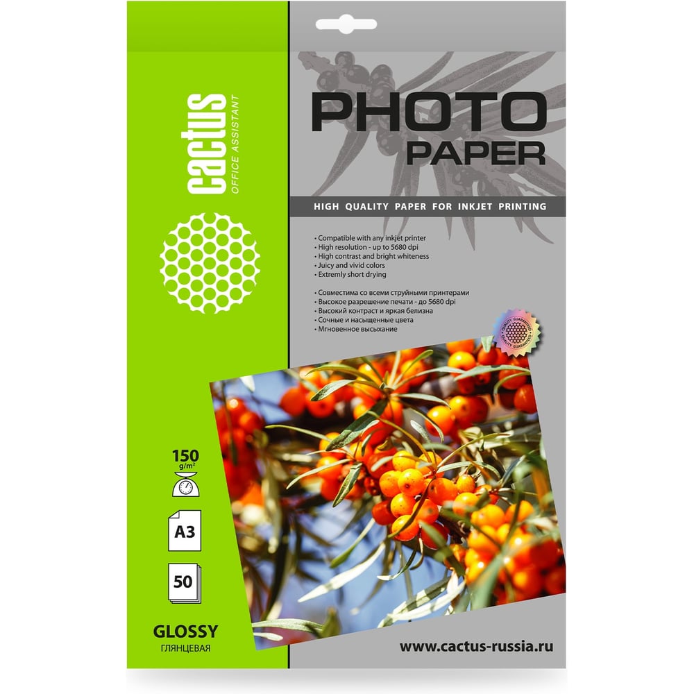 Изображение товара Фотобумага CACTUS CS-GA315050 A3, 150 г/м2, 50 листов, белый глянцевое для струйной печати 1915184