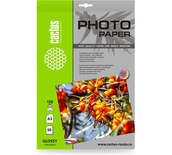 Изображение товара Фотобумага CACTUS CS-GA315050 A3, 150 г/м2, 50 листов, белый глянцевое для струйной печати 1915184