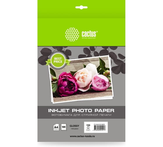 Изображение товара Фотобумага CACTUS CS-GA4150100ED A4, 150 г/м2, 100 листов, белый глянцевое для струйной печати 1033402
