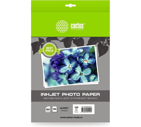 Изображение товара Фотобумага CACTUS CS-GA4200100ED A4, 200 г/м2, 100 листов, белый глянцевое для струйной печати 1033403