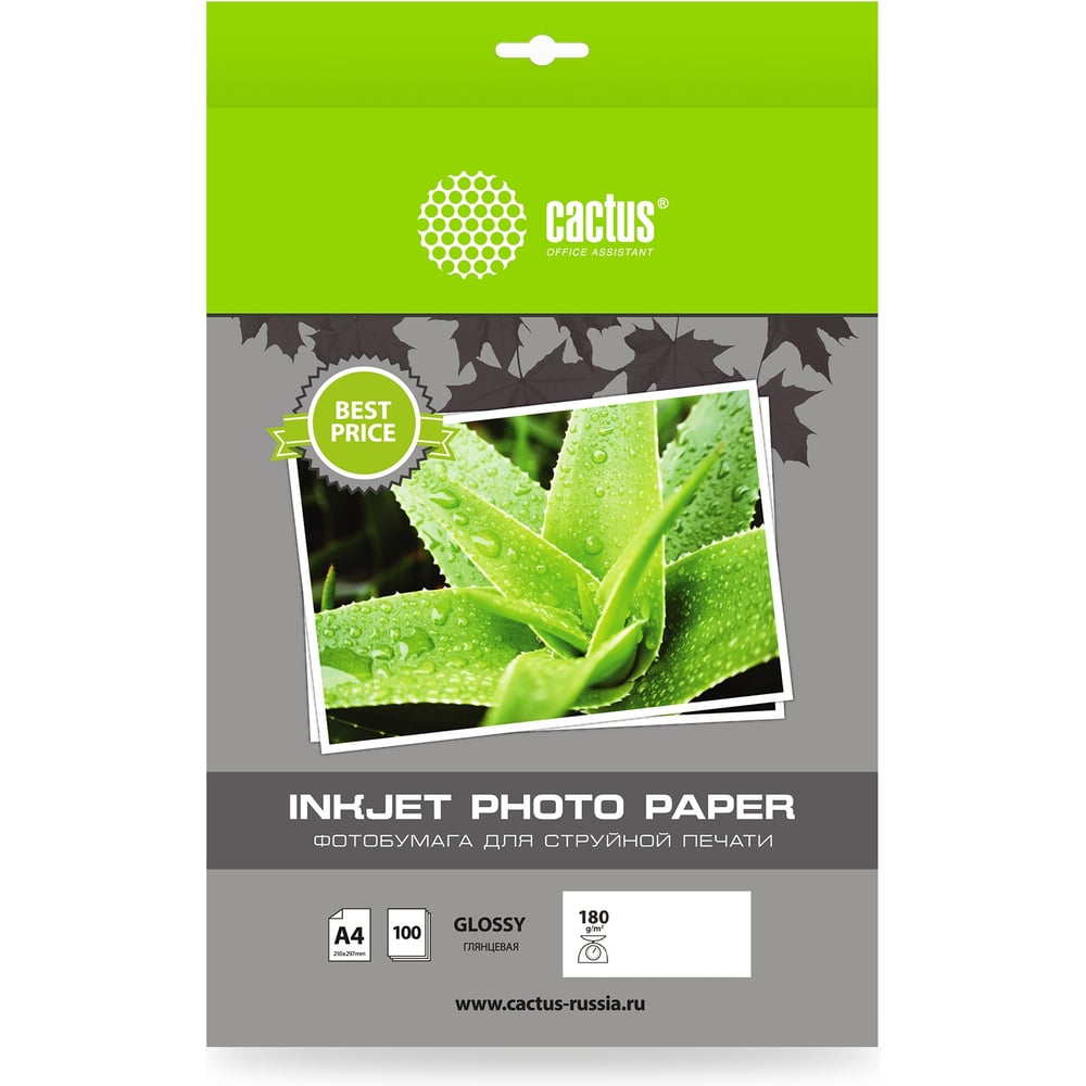 Изображение товара Фотобумага CACTUS CS-GA4180100ED A4 180 г/м2 100 листов глянцевая для струйной печати