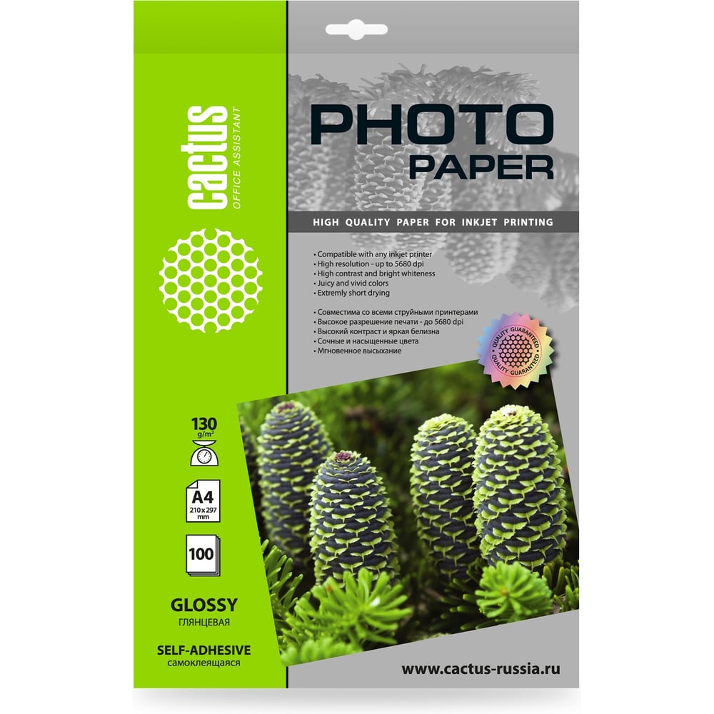 Изображение товара Фотобумага CACTUS CS-GSA4130100 A4, 130 г/м2, 100 листов глянцевое самоклеящаяся для струйной печати 1915191