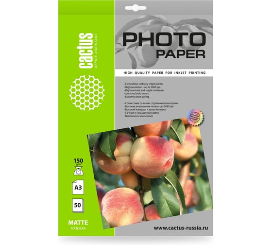 Изображение товара Фотобумага CACTUS CS-MA315050 A3, 150 г/м2, 50 листов, белый матовое для струйной печати 1915195