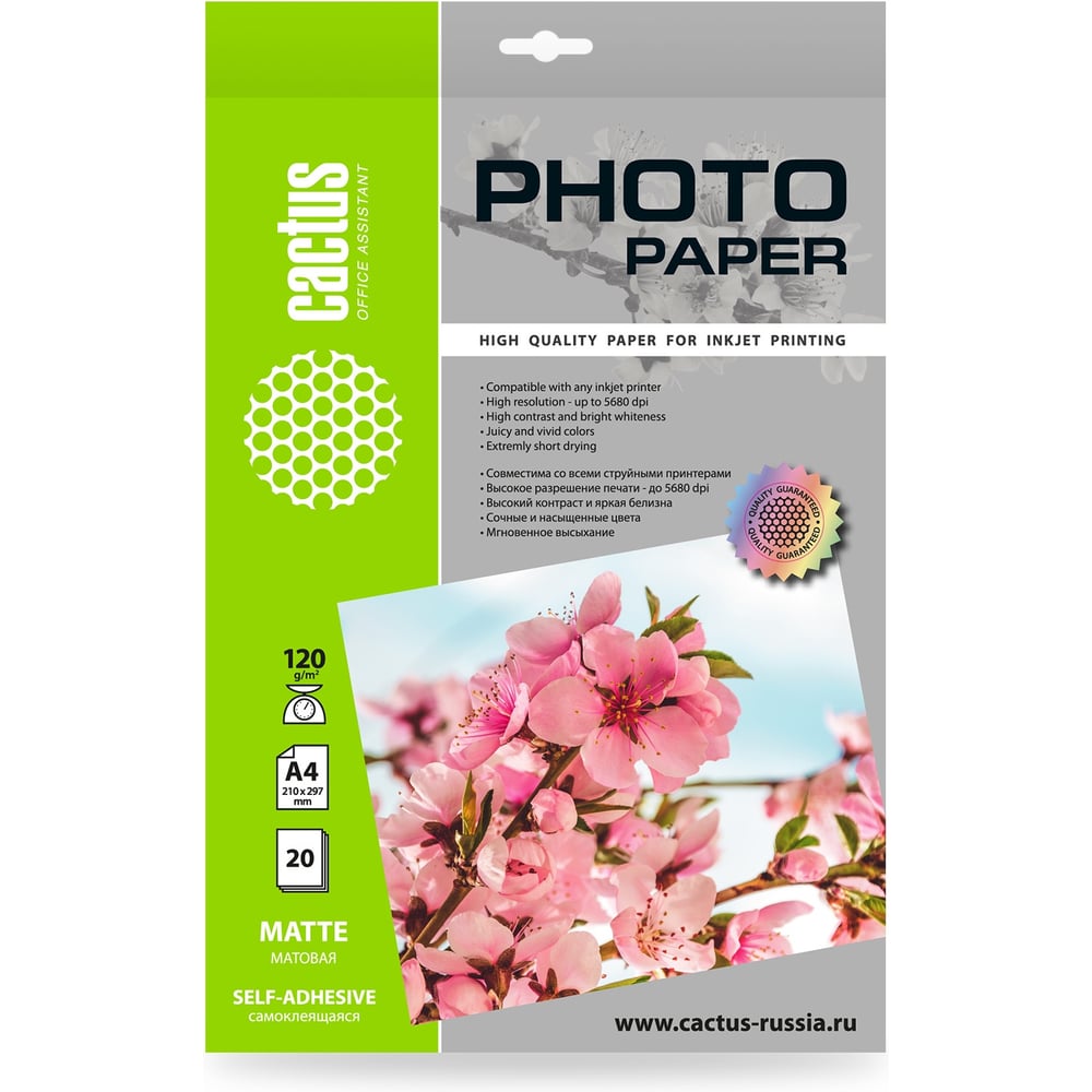 Изображение товара Фотобумага CACTUS CS-MSA412020 A4, 120 г/м2, 20 листов, белый матовое самоклеящаяся для струйной печати 1915210