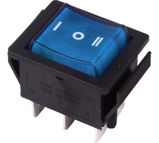 Изображение товара Клавишный переключатель REXANT 250v 15а (6с) on-off-on синий с подсветкой и нейтралью (rwb-509, sc-767) 10 шт. 36-2391