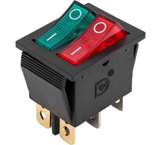 Изображение товара Клавишный выключатель REXANT 250v 15а (6с) on-off красный/зеленый с подсветкой двойной (rwb-511) 36-2450