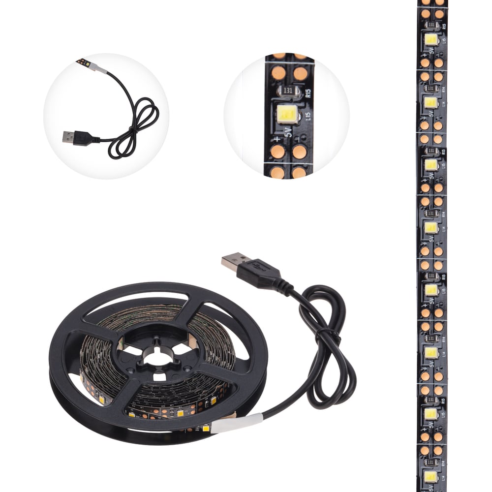 Изображение товара Светодиодная лента Lamper 5В, smd2835, 4,8Вт/м, 60 led/м, 3000k, 8мм, 3м, с usb коннектором, черная, ip20 141-2004