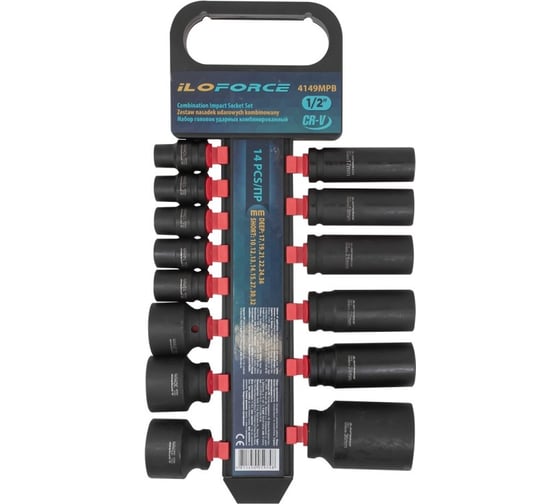 Изображение товара Набор комбинированный головок ударных 14 предметов, 1/2''DR, на пластиковом держателе iLOFORCE IF-4149MPB(54752)