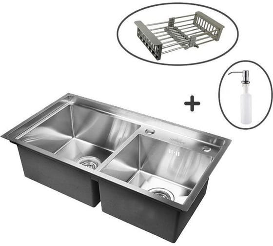 Изображение товара Комплект кухонная мойка из нержавеющей стали WISENT 7843-s (78x43см) с раздвижным коландером и дозатором WS37843-S/341-11-24/W405A/W302644