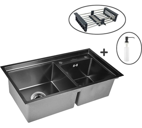 Изображение товара Комплект кухонная мойка из нержавеющей стали WISENT 7843b-s с pvd покрытием (78x43см) с раздвижным коландером и дозатором WS37843B-S/341-11-24/W405B/W302644B