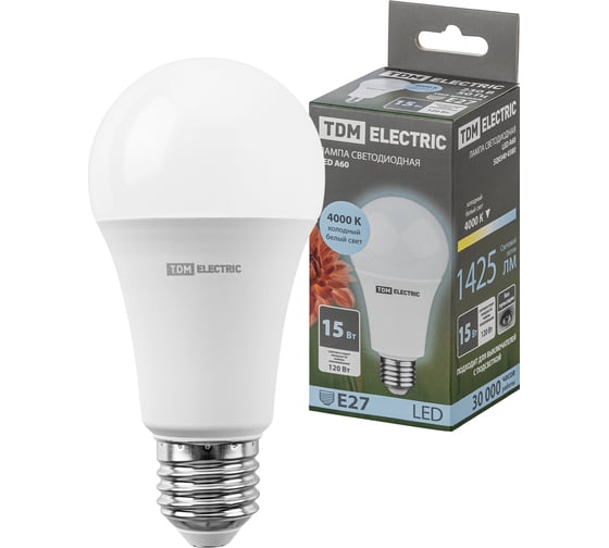 Изображение товара Светодиодная лампа TDM ELECTRIC А60 15 Вт, 230 В, 4000 К, E27 SQ0340-0380