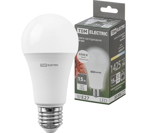 Изображение товара Светодиодная лампа TDM ELECTRIC А60 15 Вт, 230 В, 6500 К, E27 SQ0340-0381
