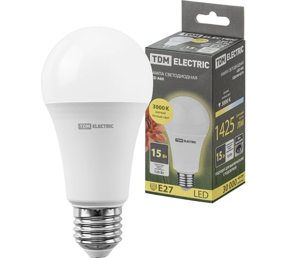 Изображение товара Светодиодная лампа TDM ELECTRIC А60 15 Вт, 230 В, 3000 К, E27 SQ0340-0379