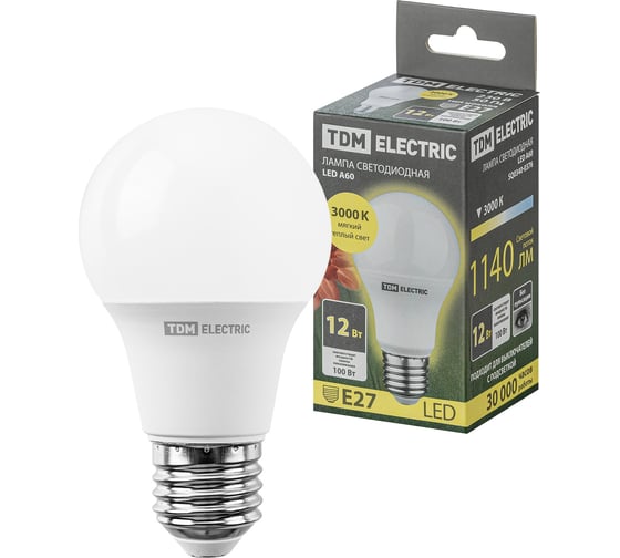Изображение товара Светодиодная лампа TDM ELECTRIC А60 12 Вт, 230 В, 3000 К, E27 SQ0340-0376