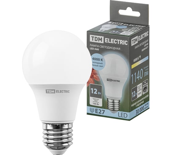 Изображение товара Светодиодная лампа TDM ELECTRIC А60 12 Вт, 230 В, 4000 К, E27 SQ0340-0377