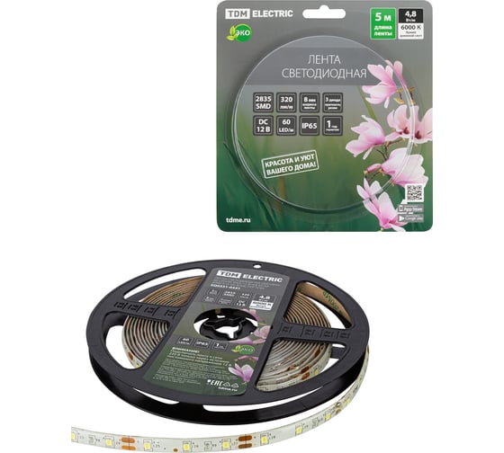 Изображение товара Светодиодная лента TDM ELECTRIC SMD2835-60 LED/м-IP65-12 В-4,8 Вт/м-6000 К (5 м) блистер SQ0331-0341