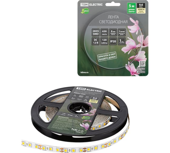 Изображение товара Светодиодная лента TDM ELECTRIC SMD2835-120 LED/м-IP20-12 В-9,6 Вт/м-3000 К (5 м) блистер SQ0331-0362