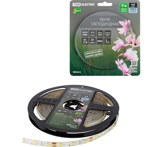 Изображение товара Светодиодная лента TDM ELECTRIC SMD2835-60 LED/м-IP65-12 В-4,8 Вт/м-4000 К (5 м) блистер SQ0331-0349