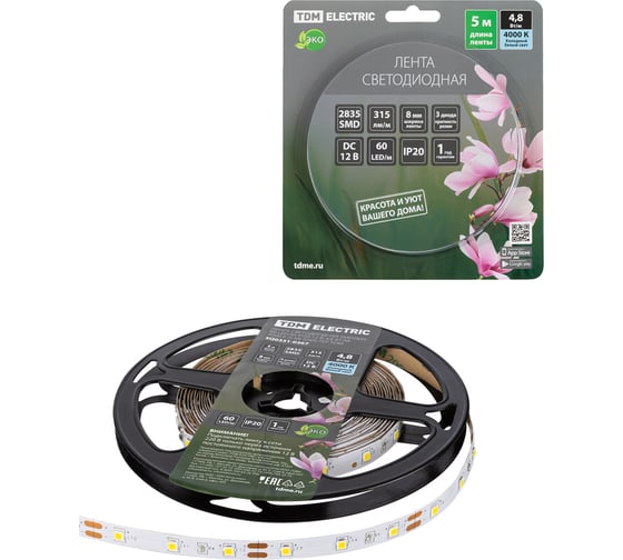 Изображение товара Светодиодная лента TDM ELECTRIC SMD2835-60 LED/м-IP20-12 В-4,8 Вт/м-4000 К (5 м) блистер SQ0331-0367