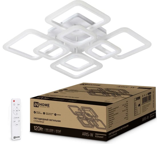 Изображение товара Светодиодный светильник IN HOME ELEGANT ARIS-W 120Вт, 230В, 3000-6500K, 8400Лм, 590x590x130мм, c пультом ДУ, белый 4690612035420