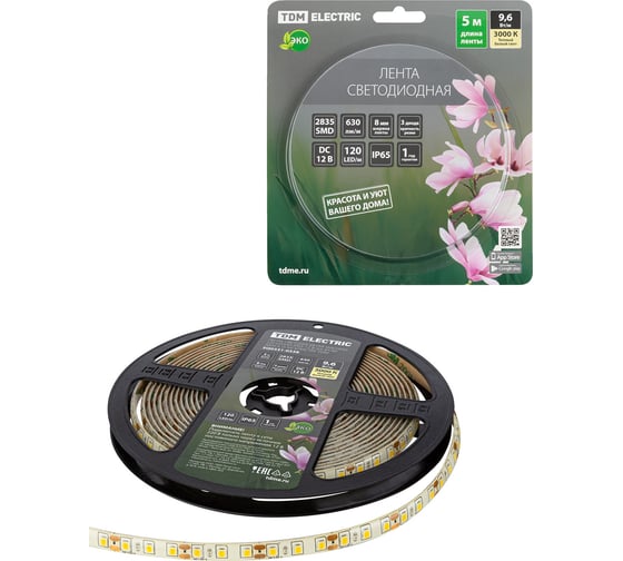 Изображение товара Светодиодная лента TDM ELECTRIC SMD2835-120 LED/м-IP65-12 В-9,6 Вт/м-3000 К (5 м) блистер SQ0331-0338