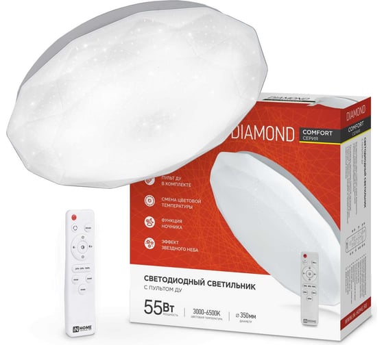 Изображение товара Светодиодный светильник IN HOME COMFORT DIAMOND 55Вт, 230В, 3000-6500K, 4400Лм, 350x90мм, с пультом ДУ 4690612035048