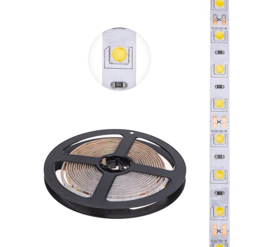 Изображение товара Светодиодная лента Lamper 12в, smd5050, 14,4вт/м, 60 led/м, 4000к, 10мм, 3м, для бп с клеммами, ip65 141-2031