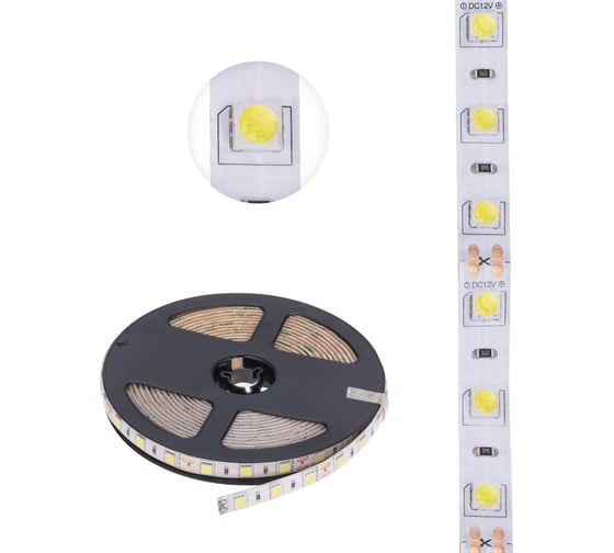 Изображение товара Светодиодная лента Lamper 12в, smd5050, 14,4вт/м, 60 led/м, 6500к, 10мм, 5м, для бп с клеммами, ip65 141-2027
