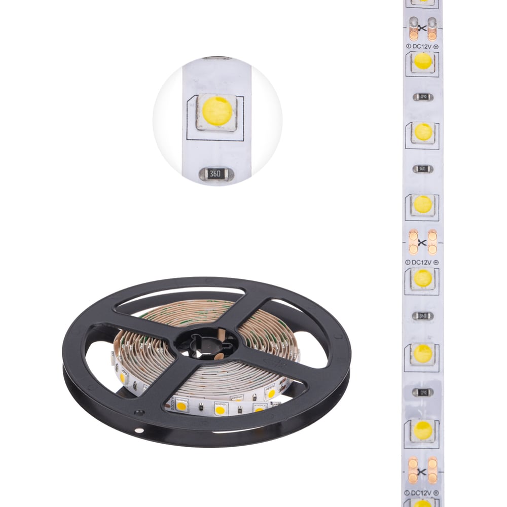 Изображение товара Светодиодная лента Lamper 12в, smd5050, 14,4вт/м, 60 led/м, 2700к, 10мм, 3м, для бп с клеммами, ip20 141-2022