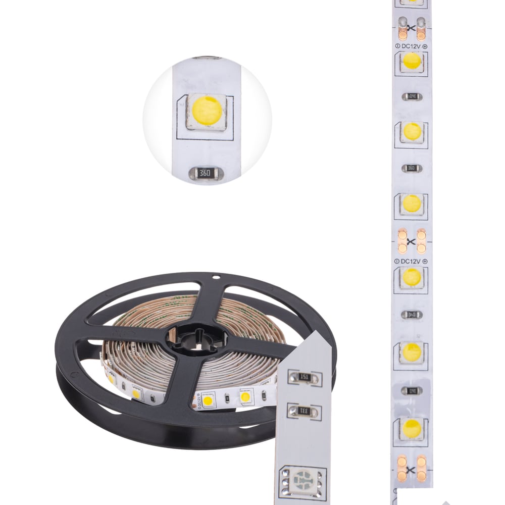 Изображение товара Светодиодная лента Lamper 12в, smd5050, 14,4вт/м, 60 led/м, 4000к, 10мм, 3м, для бп с клеммами, ip20 141-2023