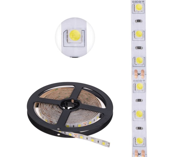 Изображение товара Светодиодная лента Lamper 12в, smd5050, 14,4вт/м, 60 led/м, 6500к, 10мм, 3м, для бп с клеммами, ip65 141-2029