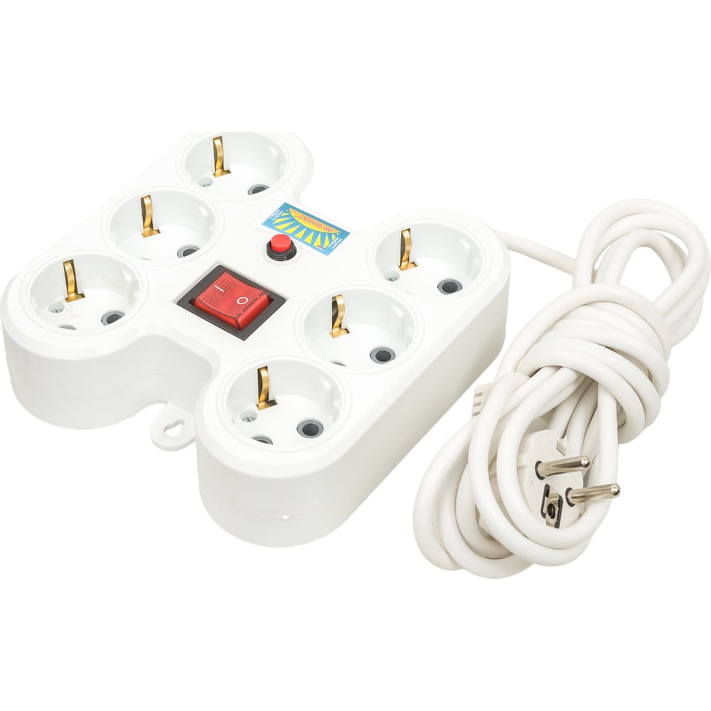 Изображение товара Удлинитель с 6 розетками и заземлением, белый, длина 3м, ПЕРЕСВЕТ+