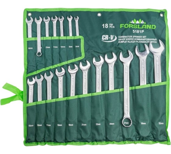 Изображение товара Набор комбинированных ключей Forsland 8-19, 21, 22, 24, 27, 30, 32 мм, 18 предметов Forsland-5181P55047