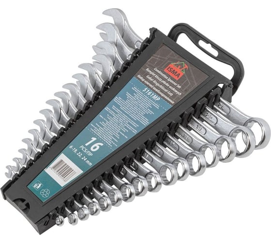 Изображение товара Набор комбинированных ключей ISMA 6-19, 22, 24 мм, в пластиковом держателе, 16 предметов ISMA-5161MP(52368)