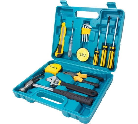 Изображение товара Набор инструментов ISMA плоскогубцы, разводной ключ, рулетка, молоток, нож, отвертки, шестигранники, изолента, в кейсе, 16 предметов ISMA-10016(50620)