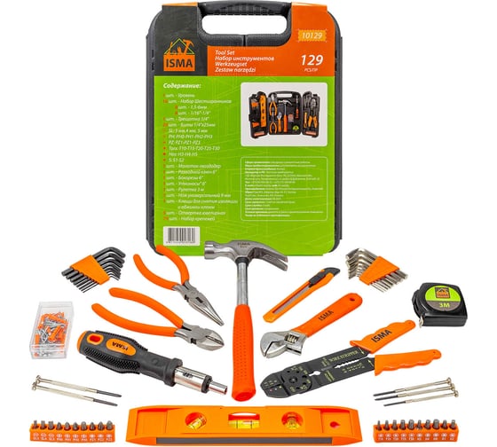 Изображение товара Набор инструментов ISMA 129 предметов (шарнирно-губцевый, биты, отвертки, молоток, нож канцелярский), в кейсе ISMA-10129(50555)